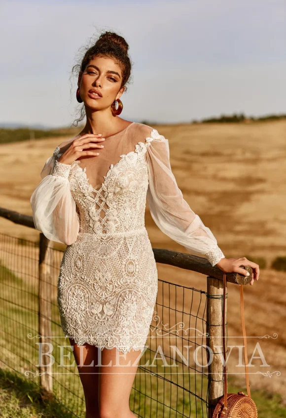 Convertible short wedding dress with removable skirt and long sleeves