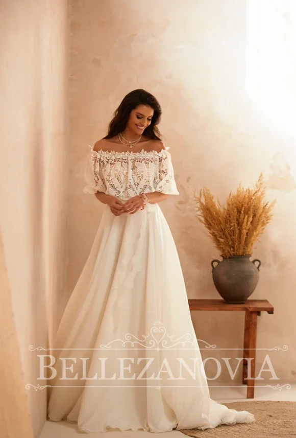 Vintage Boho wedding dress off-shoulder with short sleeves