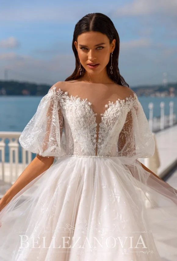Boho wedding dress with short puffy sleeves