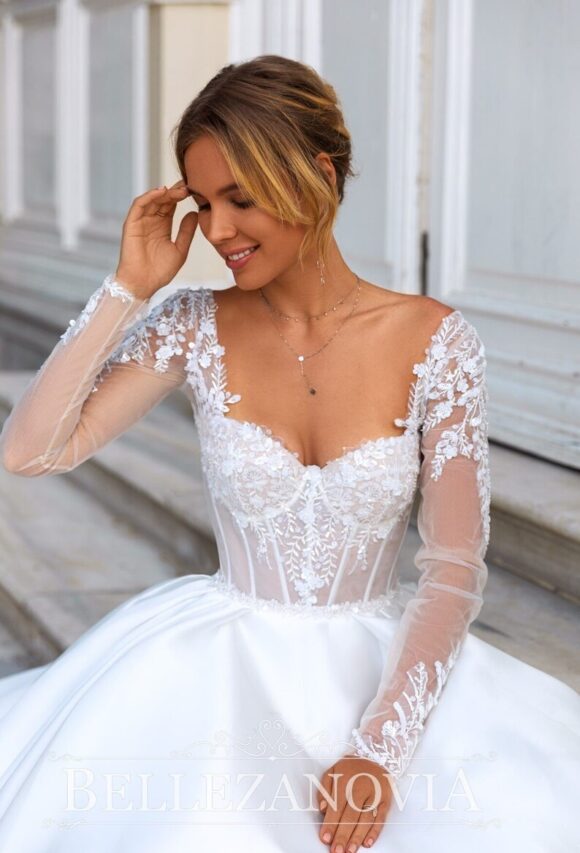 Satin A-line wedding dress with corset, long sleeves and train