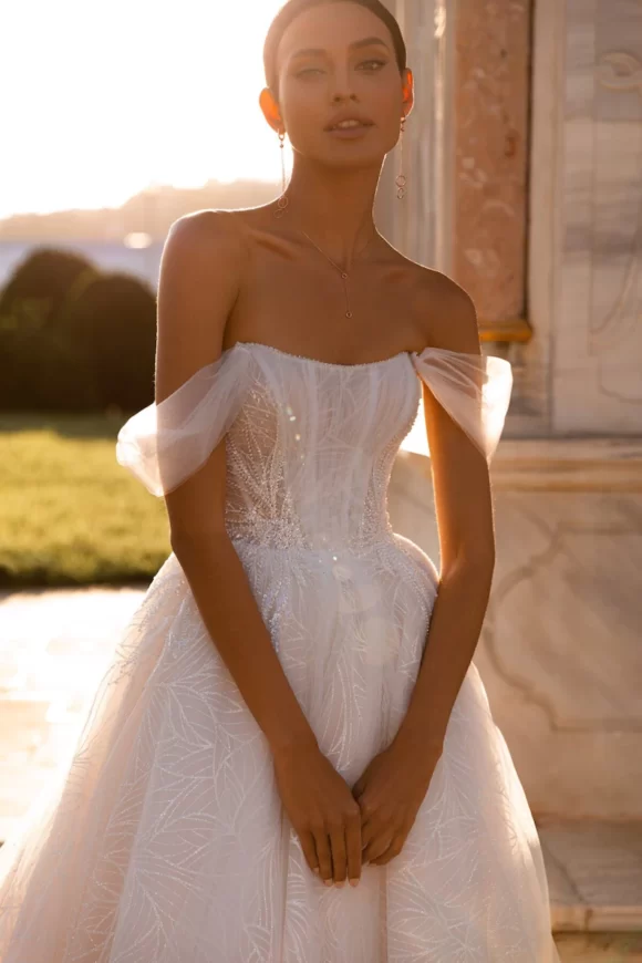 Off shoulder boho wedding dress
