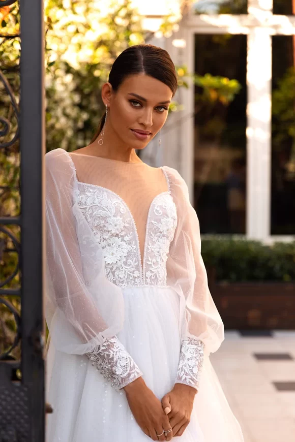 A-Line Wedding Dress with Puff Shoulders and Long Sleeves