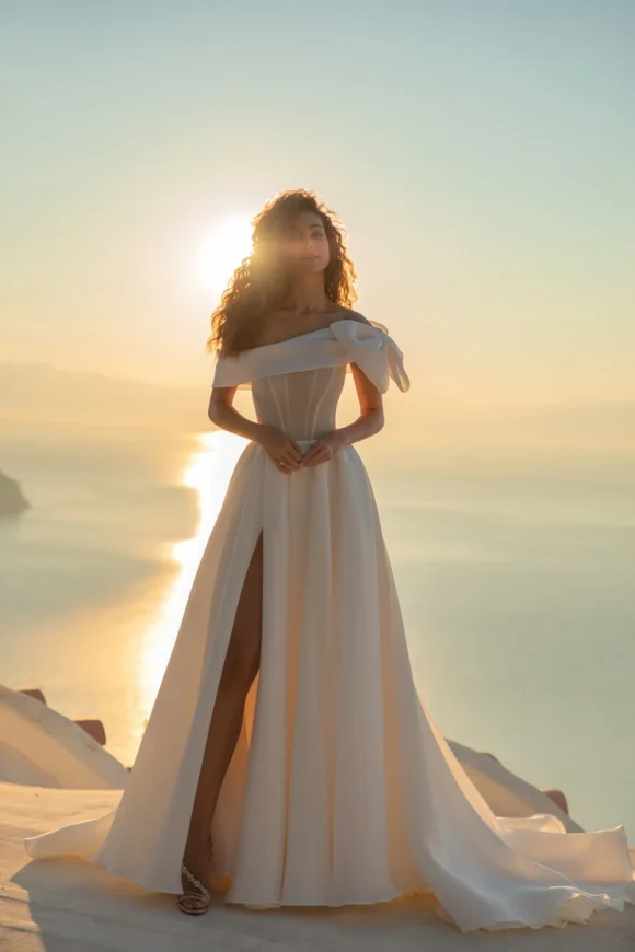 Off shoulder wedding dress with slit
