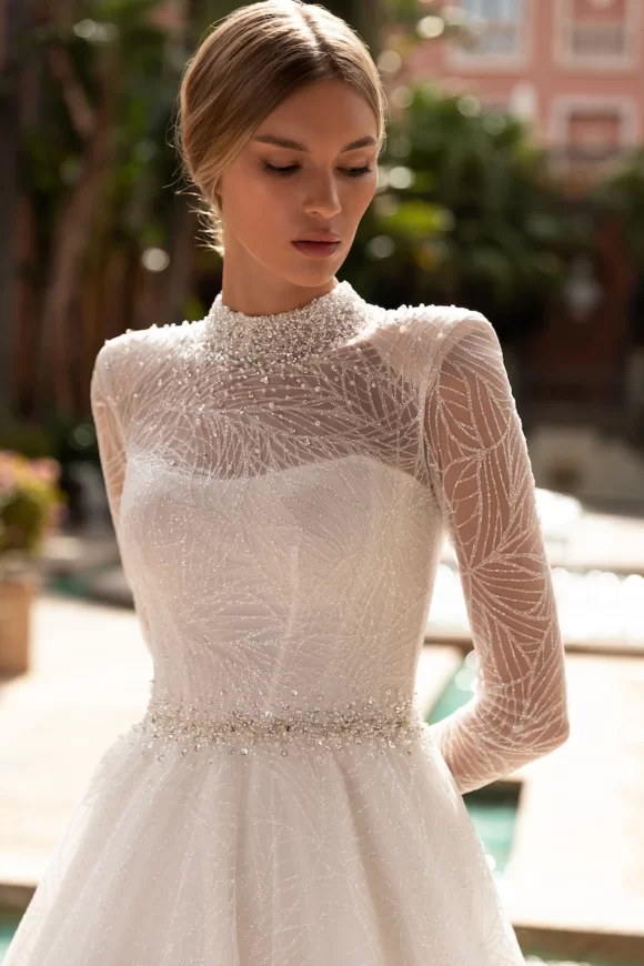 Wedding dress with long sleeves and long train