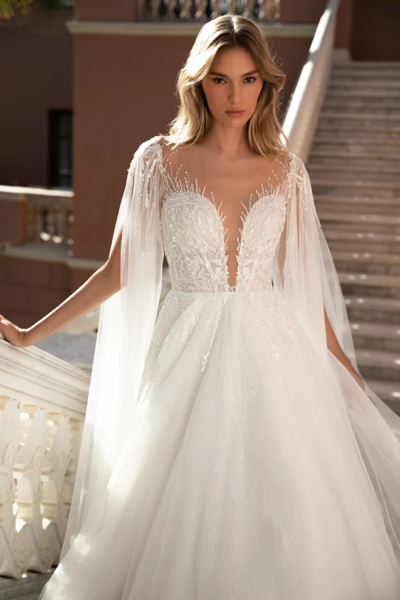 Beaded a-line wedding dress with cape