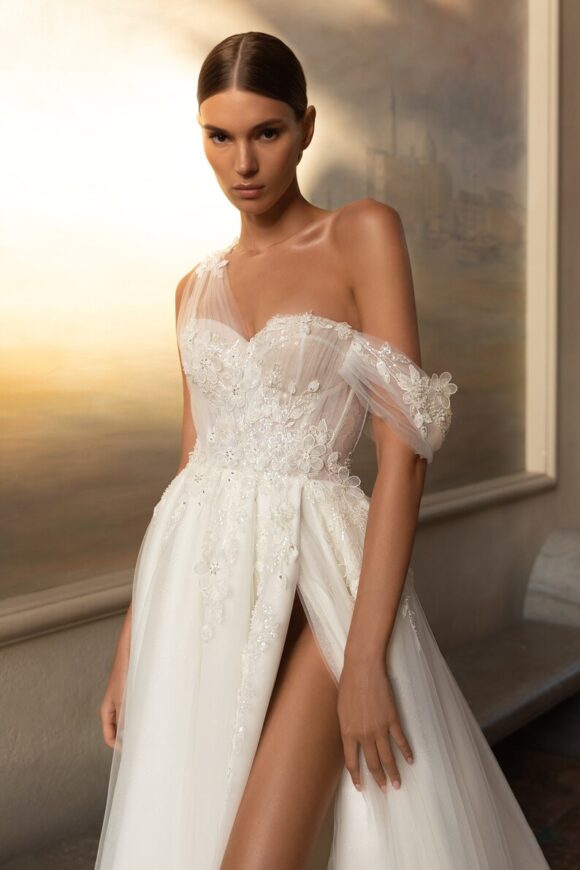 A-line wedding with 3D flowers and slit