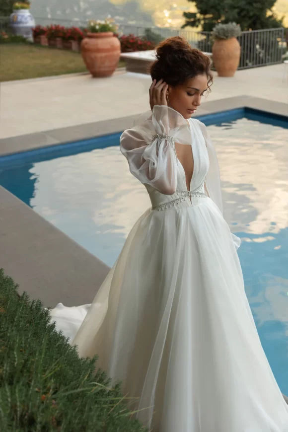 Boho wedding dress with sheer sleeves