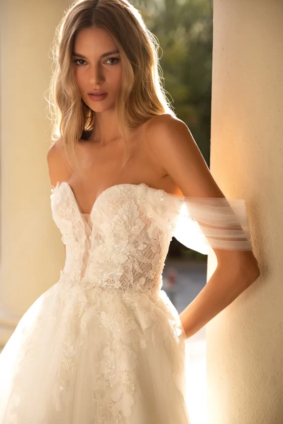 A-line off the shoulder wedding dress with tulle train